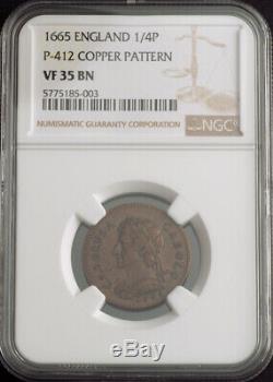 1665, Great Britain, Charles II. Cu Pattern 1/4 Penny (Farthing) Coin. NGC VF35