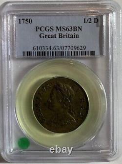 1750 Great Britain 1/2 Penny Pcgs Ms63bn