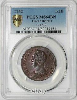 1752 1/2d S-3719 George II Great Britain Half Penny PCGS MS 64 BN