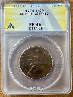 1774 Great Britain Half Penny 1/2P ANACS EF45 details