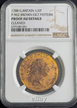 1788, Great Britain, George III. Proof Gilt Copper Pattern ½ Penny Coin. NGC AU+
