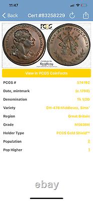 1790's Great Britain DH-478 Middlesex Half Penny Conder Token PCGS MS63BN