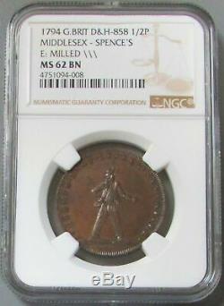 1794 Great Britain 1/2 Penny Middlesex-spence's Anchor Token Ngc Ms 62 Brown
