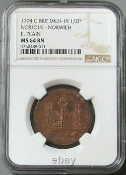 1794 Great Britain 1/2 Penny (ufo Coin) Norfolk-norwich B & M Key Ngc Ms 64 Bn