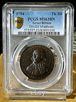 1794 Great Britain DH-205 Middlesex, 1 Penny Condor Token PCGS MS63 BN