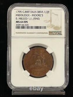 1795 Great Britain DH-389A Middlesex-Moore's 1/2 Penny Conder Token NGC MS 64BN
