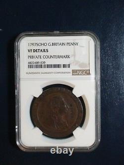 1797 SOHO Great Britain Penny NGC VF PRIVATE COUNTERMARK 1P Coin PRICED TO SELL