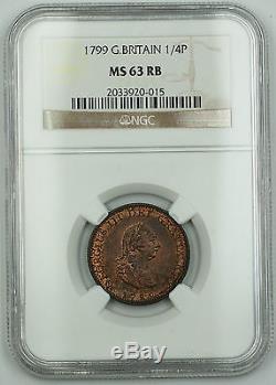 1799 Great Britain 1/4 Penny Farthing Copper Coin George III MS-63 Red Brown AKR