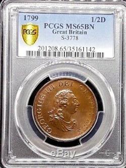 1799 Great Britain George III 1/2 Half Penny Coin Pcgs-ms65bn