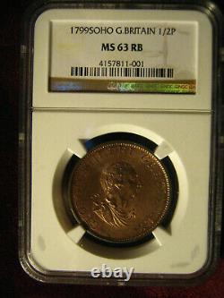 1799 Soho Great Britain Half Penny, Ngc Certified Ms 63rb