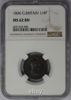 1806 Great Britain 1/4 Penny Farthing Copper Coin George III NGC MS 62 BN