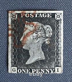 1840 1d Black Letters GI Red Cancel Three Margin Penny Black Stamp