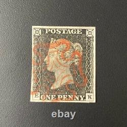 1840 1d Penny Black 4 Margin Red MC Maltese Cross Postmark Plate 3 Letters EK
