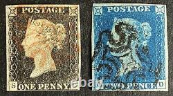 1840 Penny Black Plate 3 & 1840 Two Penny Blue, Both 4 Margins, Postage Stamps
