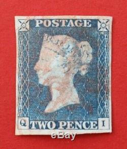 1840 TWO PENNY BLUE 2d SG5'QI' VFU and a partial Red MX 4M VFU, Plate 1