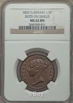 1852 Victoria 1/2 Penny Halfpenny NGC MS62 Dots on Shield Great Britain