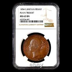 1854 Great Britain 1 Penny? Ngc Ms-63-bn? Plain Trident Coin Unc Bu? Trusted