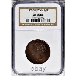 1855 Great Britain 1/2 Penny, NGC MS 66 RB, None Finer @ NGC & PCGS, Red Brown