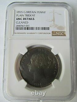 1855 Great Britain Penny, Plain Trident, KM 739, NGC, UNC Details Cleaned
