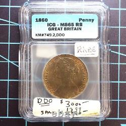 1860 Great Britain Penny MS 65 RB Rare Double Die Obverse