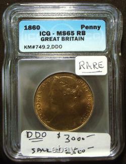 1860 Great Britain Penny MS 65 RB Rare Double Die Obverse