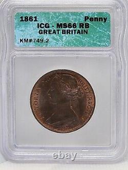 1861 Great Britain Penny ICG MS66RB Heavily Toned! Gorgeous Coin