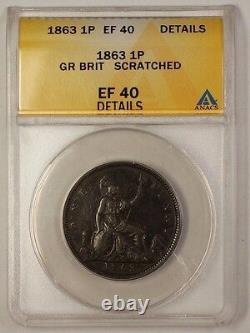 1863 Great Britain One Penny 1 Pence 1P Coin ANACS EF-40 Details Scratched