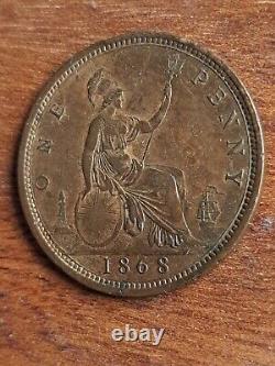 1868 Penny Victoria British Bronze Series Coin Nice