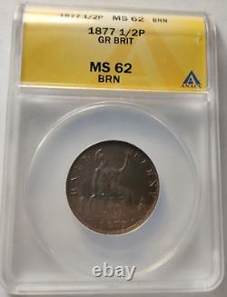 1877 Great Britain 1/2 Penny Bronze Coin MS62 BR ANACS Victoria Half Cent 3A