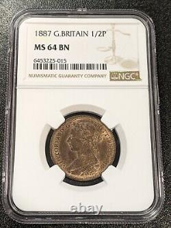 1887 MS64 BN Great Britain 1/2 Penny NGC UNC KM 754 Nice Coin