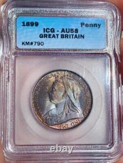 1899 Great Britain Penny ICG AU58 Rainnow Toned! Gorgeous Coin! UNDERGRADED