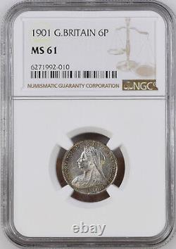 1901 UK Great Britain 6 Pence Victoria -last year Coin Uncirculated NGC MS 61
