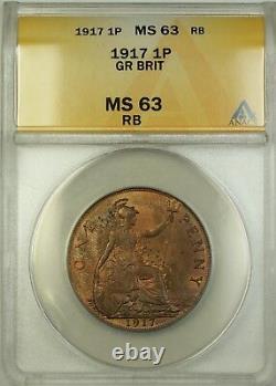 1917 Great Britain 1P One Penny Copper Coin ANACS MS-63 RB Red-Brown