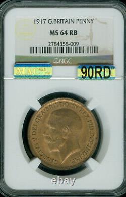 1917 Great Britain Penny Ngc Ms64 Rb Mac 90rd 2nd Finest Registry & Spotless