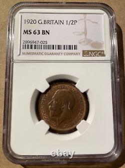 1920 GREAT BRITAIN 1/2 PENNY NGC MS 63 BN Bronze Top Pop! Finest Known