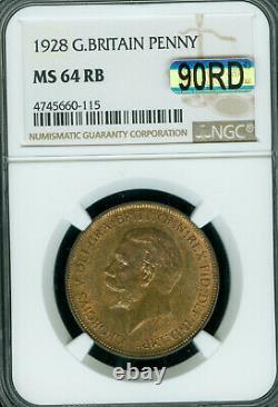 1928 Great Britain Penny Ngc Ms-64 Rb Mac 90rd 2nd Finest Registry & Spotless
