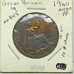 1940 Great Britain 1 Penny Bronze Ch Bu Proof Coin Km# 845 With Stunning Toning