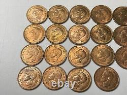 1943 Au/Unc. Key Date GREAT BRITAIN HALF PENNY COIN ROLL Of 22 COINS TOTAL