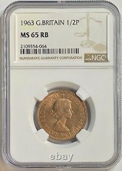 1963 Uk Great Britain 1/2 Penny Ngc Ms 65 Rb Only 3 Graded Higher Worldwide. E