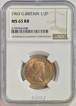 1963 Uk Great Britain 1/2 Penny Ngc Ms 65 Rb Only 3 Graded Higher Worldwide. F