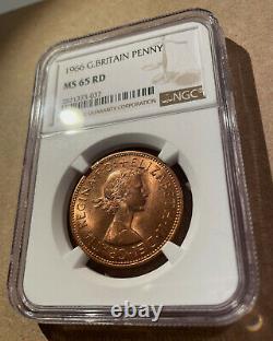 1966 GREAT BRITAIN ONE PENNY NGC MS 65 RD High Grade! Mint! RED