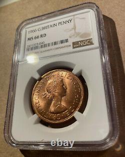 1966 GREAT BRITAIN ONE PENNY NGC MS 66 RD Top Population! Finest Known! RED