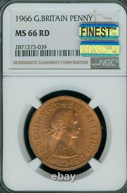1966 Great Britain Penny Ngc Ms66 Rd Pq Mac Finest Grade & Spotless