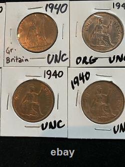 8 Pc Lot Great Britain One Penny Red Brown Unc 1940