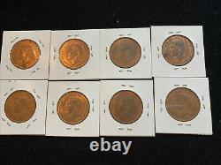 8 Pc Lot Great Britain One Penny Red Brown Unc 1940