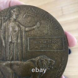 Bronze Death Penny Medal Lance Corporal Roy M. Burnie 9th Highland Infantry WWI
