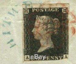 GB PENNY BLACK (AA) BRIGHT BLUE Undated WHITWELL Cancel 1840 Piece RARE YBLUE5
