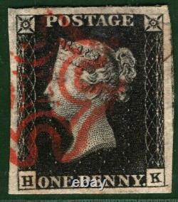 GB PENNY BLACK QV Stamp SG. 1 1d Plate 4 (HK) Red MX (1840) Used Cat £525- RED10