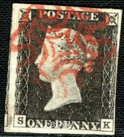 GB PENNY BLACK QV Stamp SG. 2 1840 1d Plate 3 (SK) Used Superb MX c£500- XRED7