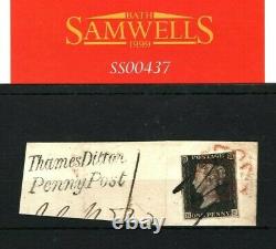 GB PENNY BLACK SG. 2 Plate 2 (HC) PEN CANCEL Thames Ditton Penny Post Piece SS437